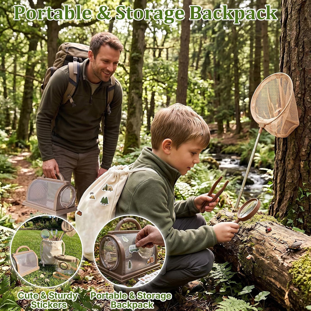 9 Pcs Forscherset Insektenfänger Set für Kinder, Outdoor Entdecker Set mit Lupen Schmetterlingsnetz