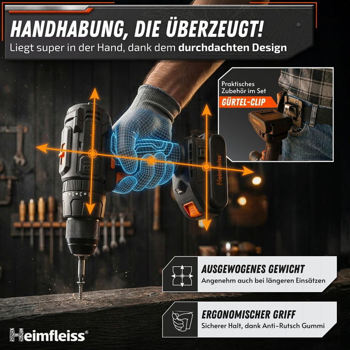 Heimfleiss® Professional 20V Akkuschrauber Set | 3-in-1 Akku Schlagbohrschrauber inkl. 2x 2.0Ah Akku