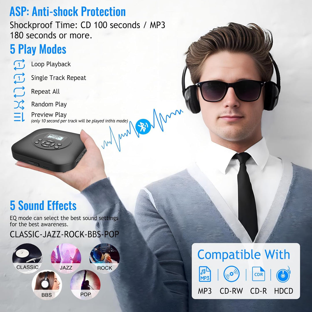 Tragbarer CD Player Bluetooth mit Lautsprechern, wiederaufladbarer 1800mAh CD-Player tragbar mit Sto