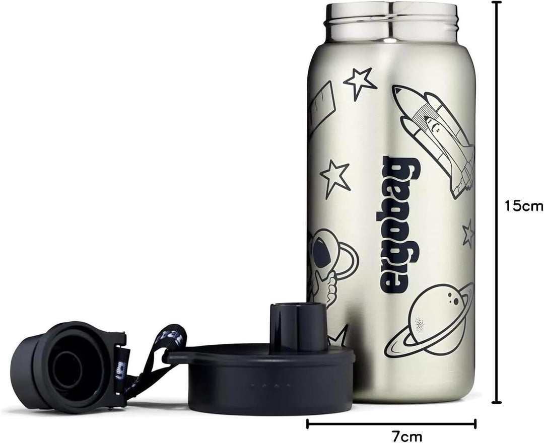 ergobag Edelstahl Trinkflasche Schwarz | 500 ml Fassungsvermögen mit verschiedenen Motiven für Kinde