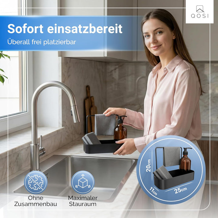 Spülbecken Organizer schwarz aus rostfreiem Edelstahl | Spüle Organizer mit Schwammhalter, Spüllappe