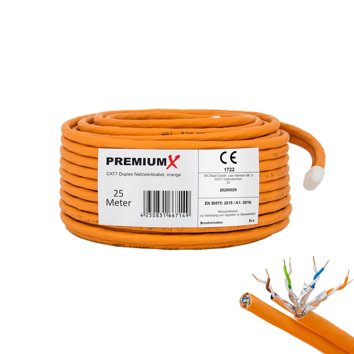 PremiumX CAT 7 Netzwerkkabel 25m LAN Kabel Duplex Kupferkabel Ethernet Datenkabel S/FTP PiMF PoE Eca