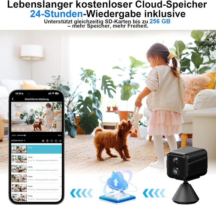 iPalamila Mini Kamera, Kamera Überwachung Innen WLAN 2,4/5 GHz, 2K HD Akku Überwachungskamera mit Be