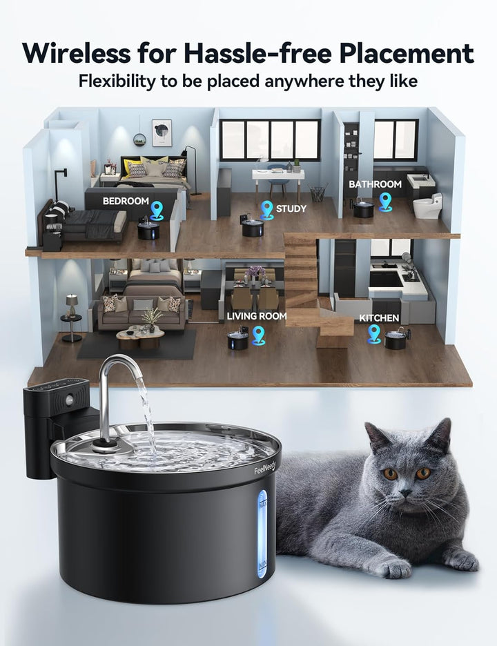Katzenbrunnen Kabellos 3,5L-FEELNEEDY Trinkbrunnen für Katze mit Bewegungssensor-Batteriebetrieben W