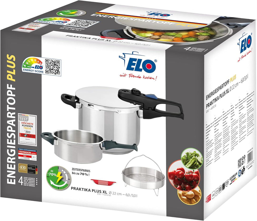 ELO Schnellkochtopf Praktika XL Set 5tlg. 22cm, aus Edelstahl 18/10, automatisches Druckregelsystem,