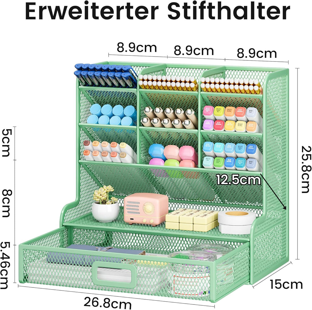 VITVITI Schreibtisch Organizer, 9 Fächer Stiftehalter mit Schublade, Netz Stifte Regal aus Metall, S