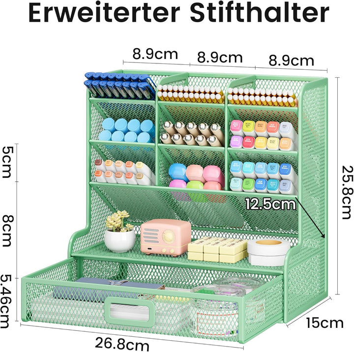 VITVITI Schreibtisch Organizer, 9 Fächer Stiftehalter mit Schublade, Netz Stifte Regal aus Metall, S