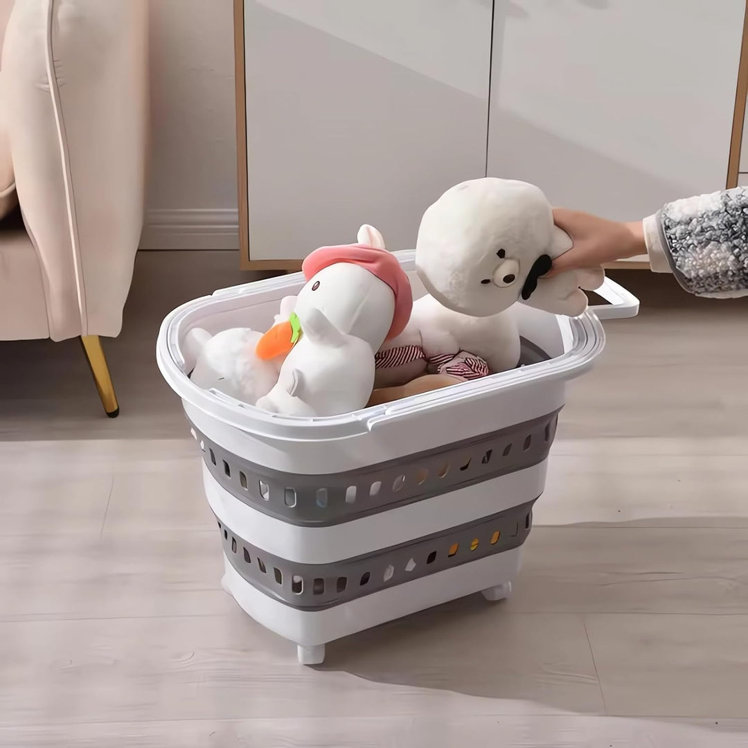 König Design Faltbarer Wäschekorb aus Kunststoff mit Rädern, 38 Liter, zusammenklappbar, mit Rollen,