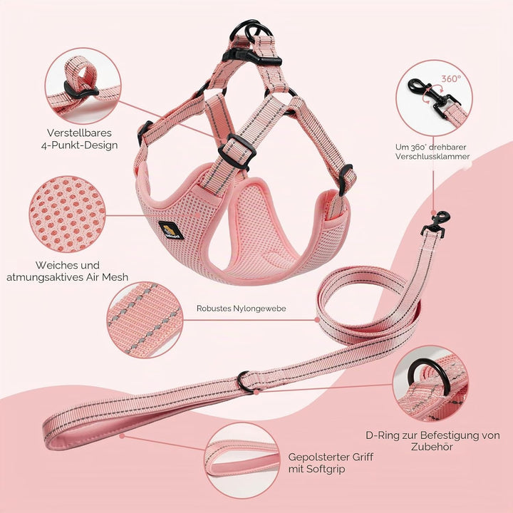 BELLA &amp; PAL Hundegeschirr und Leine Set, Step-in Design mit atmungsaktivem Air-Mesh, reflektierenden