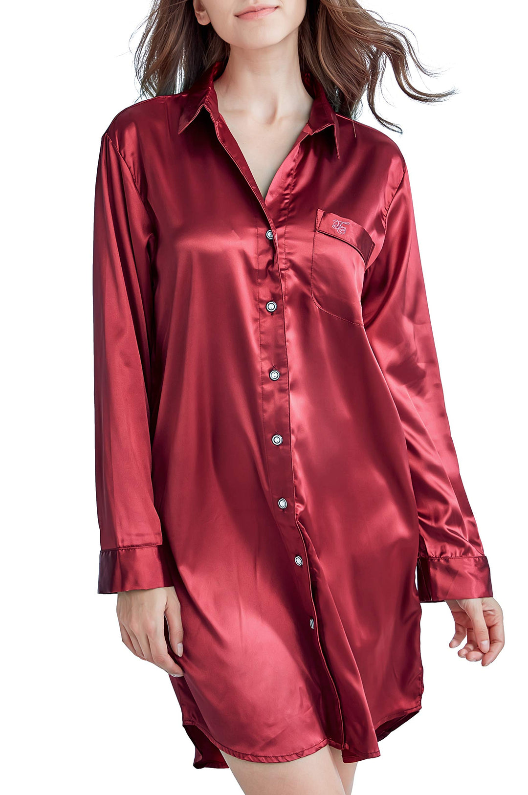 Nachthemd Damen, Satin Nachtkleid Langarm Nachtwäsche mit Knopfleiste Schlafhemd Freizeitkleidung Bu