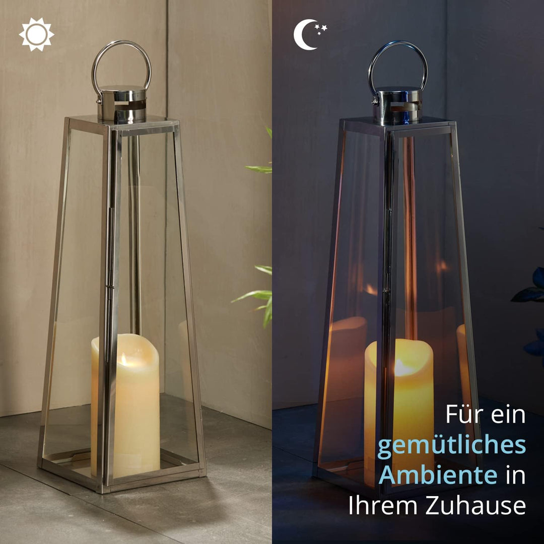 KHG Laterne 70 cm mit LED-Kerze in Silber aus Stahl/Glas, pyramidenförmig, praktischer Tragegriff Ke