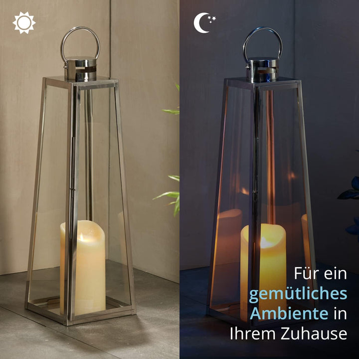 KHG Laterne 70 cm mit LED-Kerze in Silber aus Stahl/Glas, pyramidenförmig, praktischer Tragegriff Ke