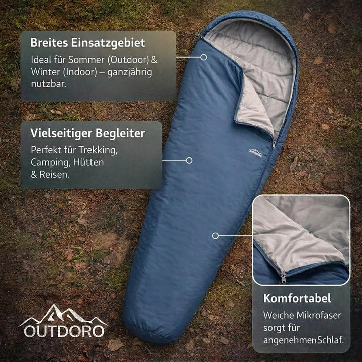 Outdoro ultraleichter Schlafsack 800g - kleines Packmass - leicht, dünn und warm - Idealer Sommersch