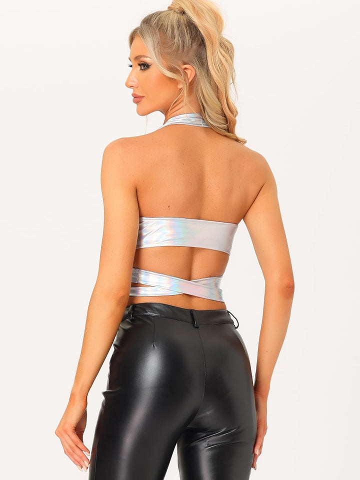Allegra K Damen Crop Top V-Ausschnitt Metallic Neckholder Rückenfrei Holographic Oberteile XL Mehrfa