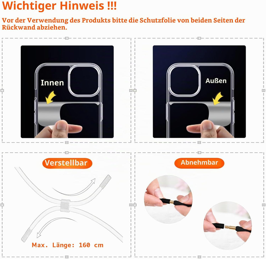 Handykette für iPhone 16 Pro Max Hülle mit Band, Necklace Handyhülle, Transparente Schutzhülle zum U