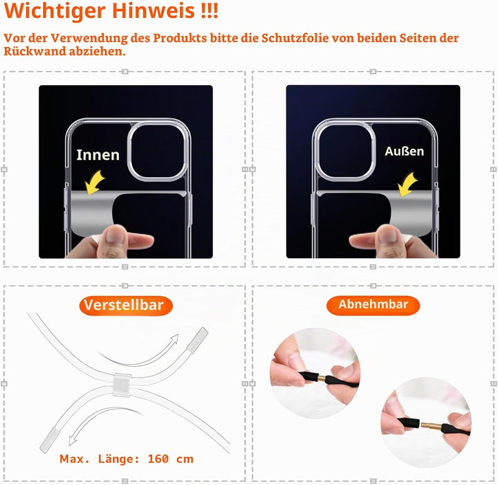 Handykette für iPhone 16 Pro Max Hülle mit Band, Necklace Handyhülle, Transparente Schutzhülle zum U