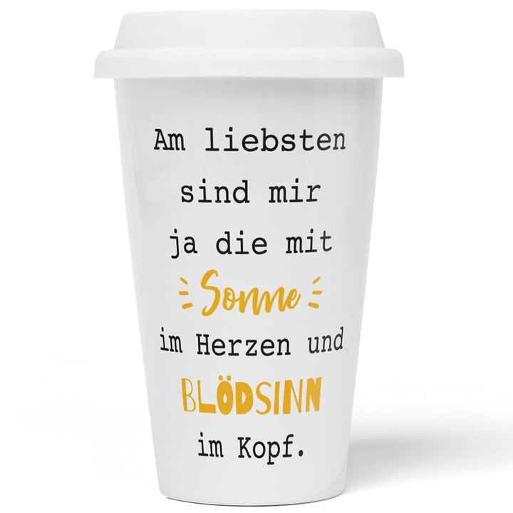 JUNIWORDS To-Go Becher mit Deckel, Am liebsten sind mir ja die mit Sonne im Herzen und Blödsinn im K