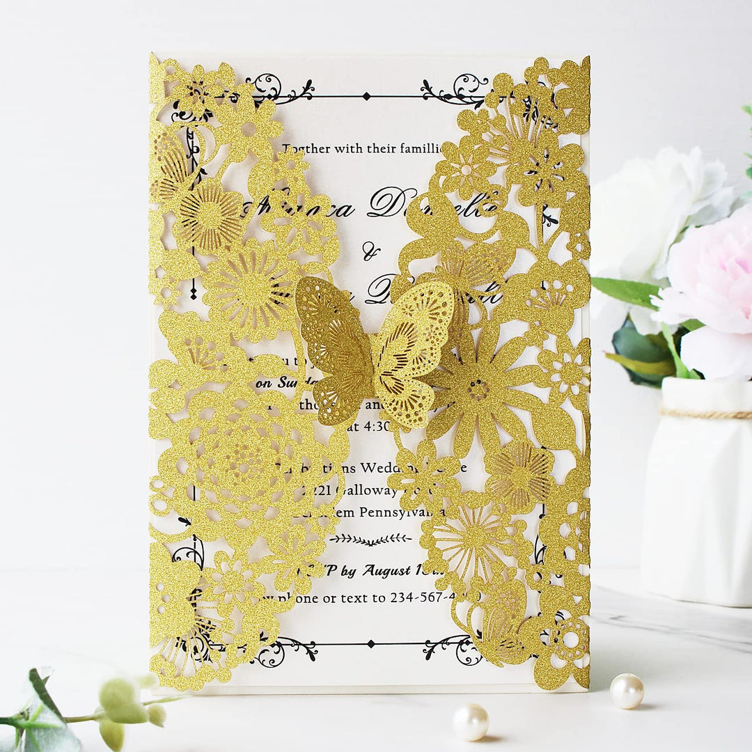 Hosmsua 20x Golden Glitzer Laserschnitt Spitze Flora Hochzeit Einladungskarten mit Schmetterling und