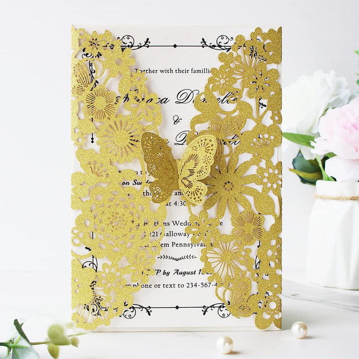 Hosmsua 20x Golden Glitzer Laserschnitt Spitze Flora Hochzeit Einladungskarten mit Schmetterling und