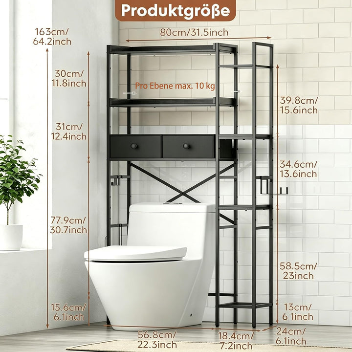 7-Ebenen Toilettenregal Einfache Montage für Badezimmer, Schwarz | Wasserdicht, Rostfrei, Ohne Bohre