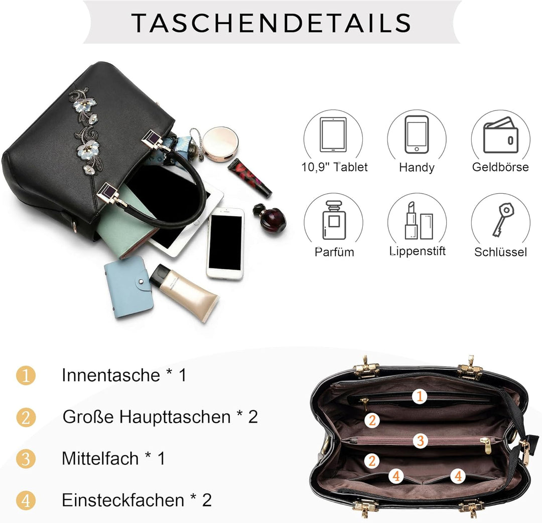 VARLIVOO Handtasche Damen Mittelgross Elegant Taschen mit Blumenstickerei Leader PU Henkeltasche Fra