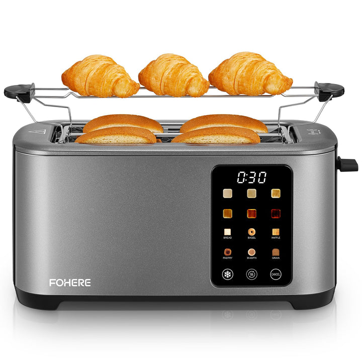 Toaster 4 Scheiben, 1400W Edelstahl Langschlitz Toaster, 9 Farbeinstellungen und 3 Brotsorten, Abbru
