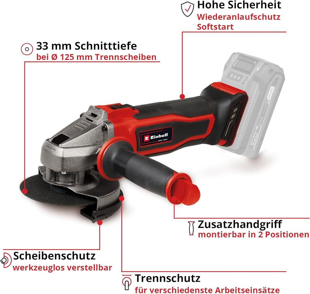 Einhell Akku-Winkelschleifer TE-AG 18/125-2 Li - Solo Power X-Change (18 V, 125 mm Scheiben-Ø, 33 mm