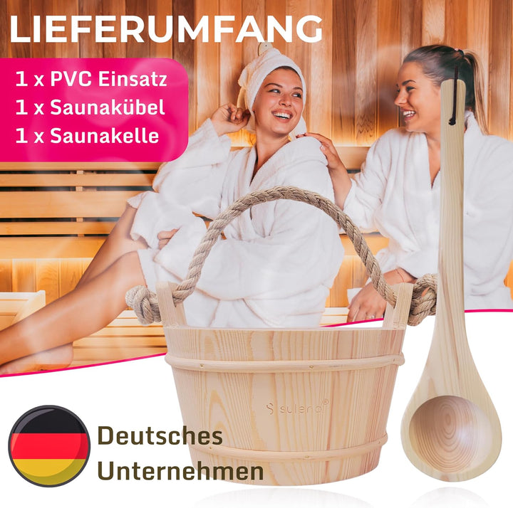 Suleno Sauna Zubehör Set - Saunaeimer mit Kelle aus Nadelholz, PVC-Einsatz, Auslaufsicher, Naturholz