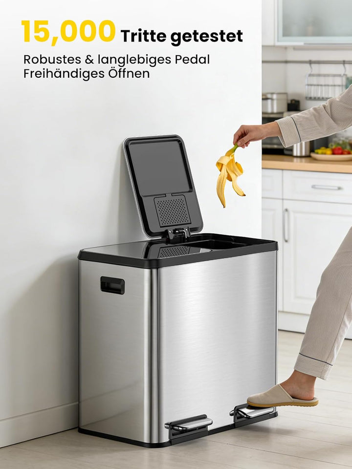 YEAUPE PRO Mülleimer Küche 40L (2x20L), Edelstahl Treteimer mit Fusspedal,Doppel Mülltrennung,Heraus
