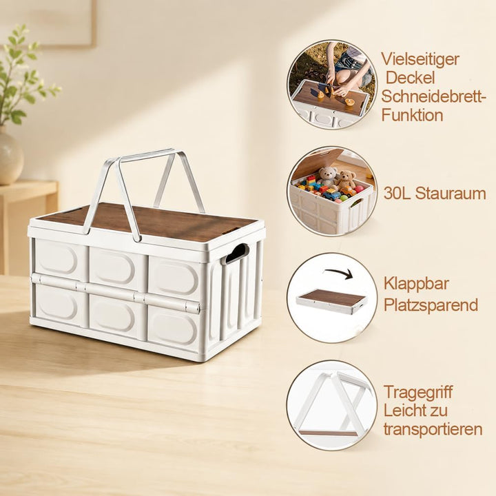 30L Klappbox mit Holzern Deckel und Griff, 42 * 28.5 * 23.5 cm Klappboxen Faltbar Stabil，Kunststoff