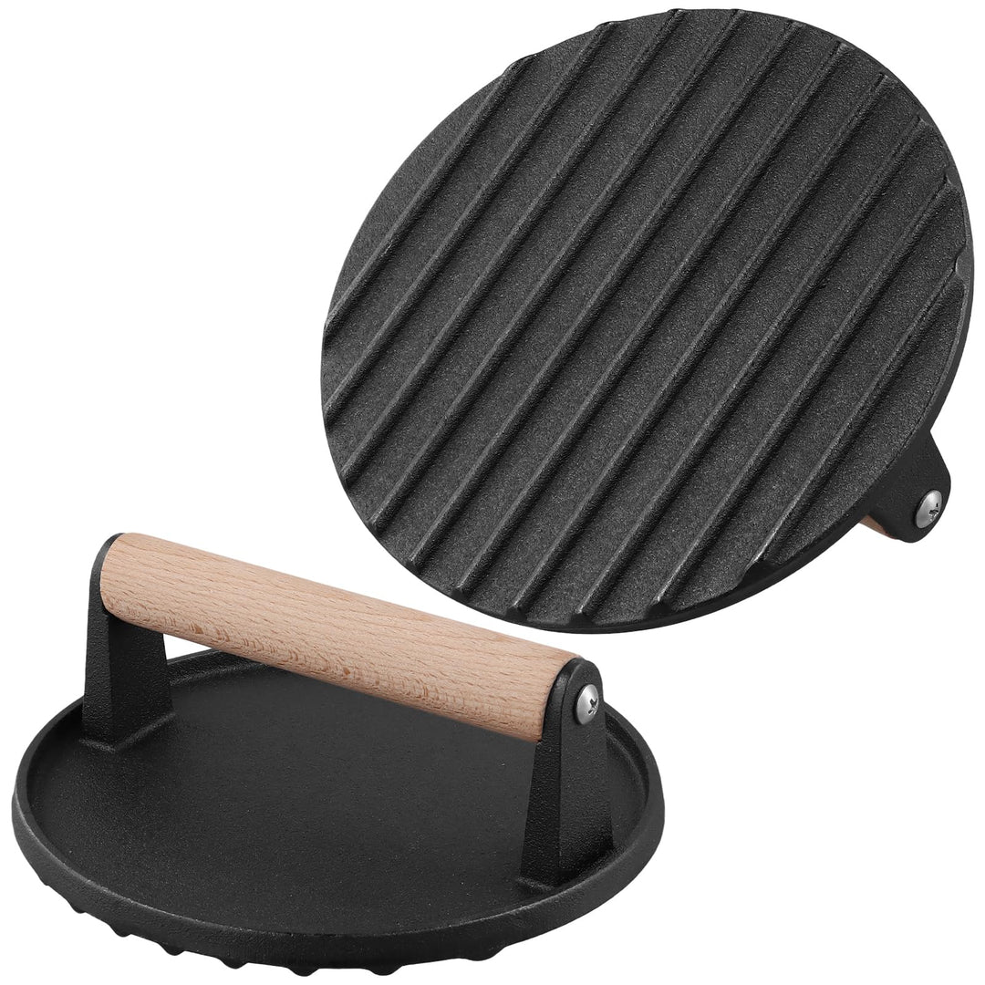 FUNSUEI 2er Set Burgerpresse Gusseisen 17,5 cm, 1KG Burger Smasher mit Holzgriff, Schwarz Rund Grill