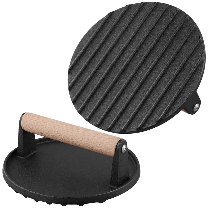 FUNSUEI 2er Set Burgerpresse Gusseisen 17,5 cm, 1KG Burger Smasher mit Holzgriff, Schwarz Rund Grill