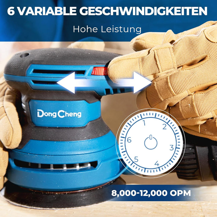DongCheng Exzenterschleifer 380W, 125mm Schleifmaschine, 6 Geschwindigkeiten 8,000-12,800 U/min mit