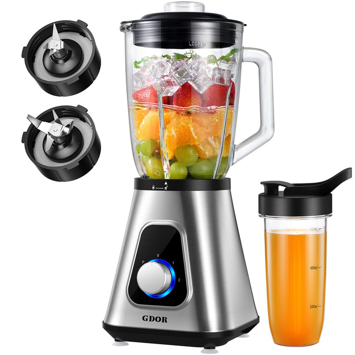 GDOR 1200W Standmixer Glas 2-1 Mixer Smoothie Maker mit 1,5L Glaskrug und 650ml Reisebecher 3 Geschw
