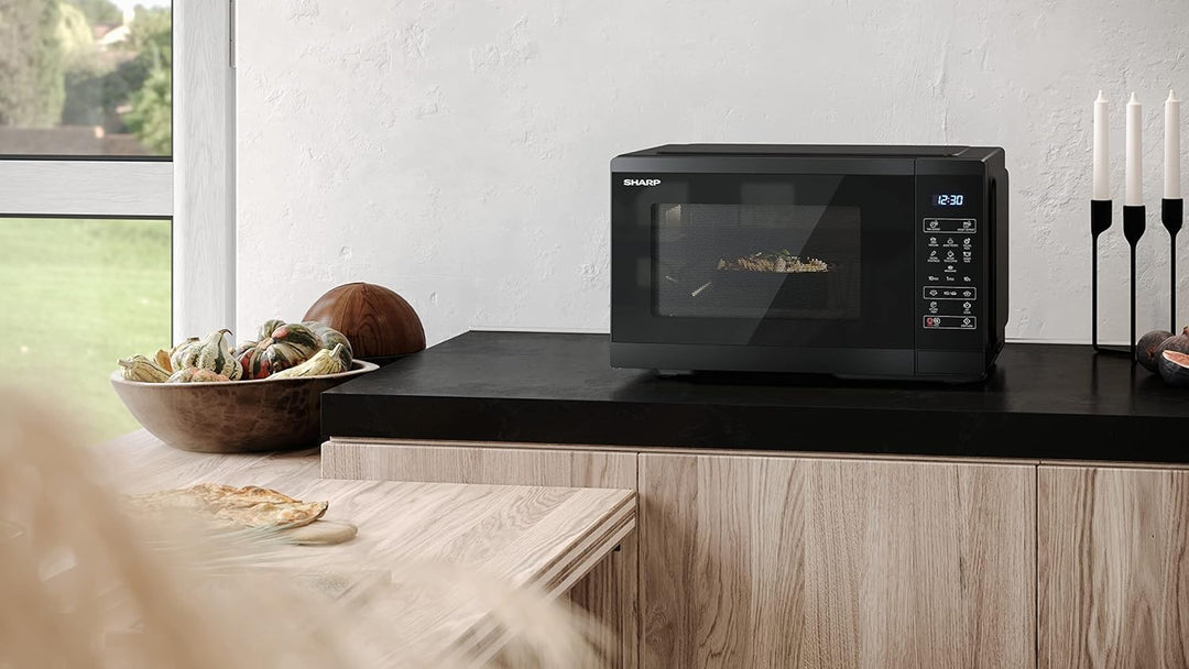 SHARP YC-MS252AE-B Mikrowelle (Mikrowelle: 900W, 11 Leistungsstufen, Auftaufunktion, Abmessungen 47,