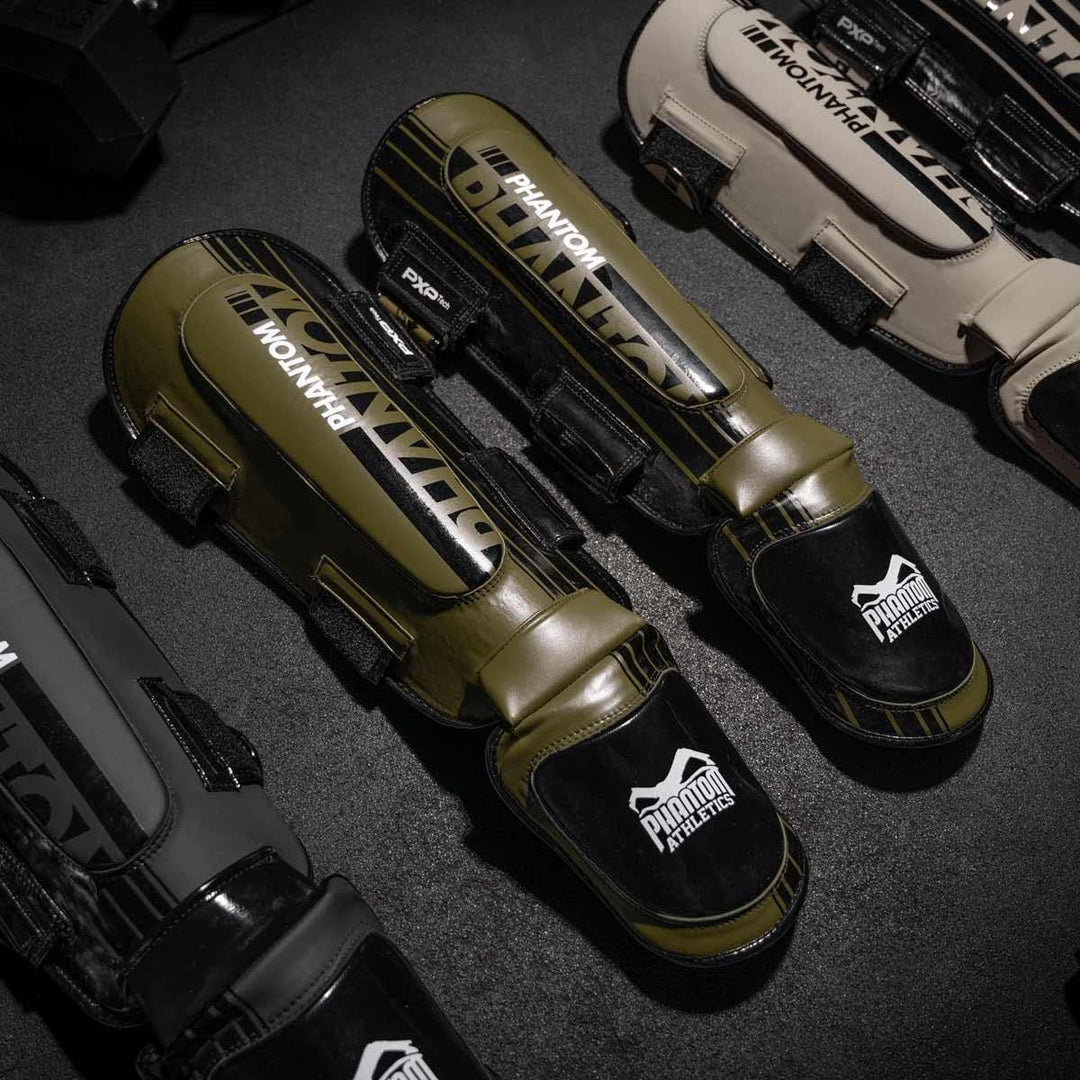 Phantom Schienbeinschoner mit Spannschutz, Kampfsport, MMA, Kickboxen, Muay Thai APEX Hybrid - Army