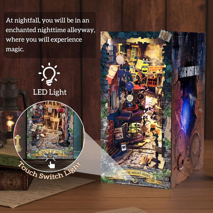 RONSTONE Book Nook- DIY Booknook Kit Miniatur Puppenhäuser mit Staubschutzhülle und LED Licht - Magi