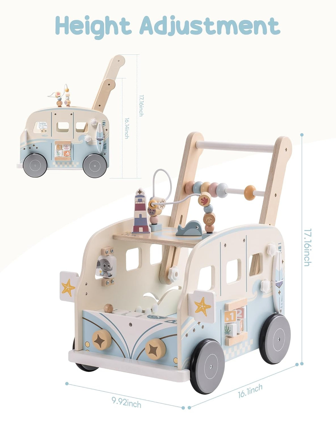 ROBUD Lauflernwagen Holz, Multifunktion Baby Lauflernhilfe mit & Rädern & Bauklötzen Spielgeräte Akt