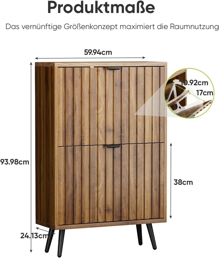 Schuhschrank, 60x24x94 cm, Walnussfarbe, 2 Klappen, 4 verstellbare Fächer, für 8-12 Paar Schuhe