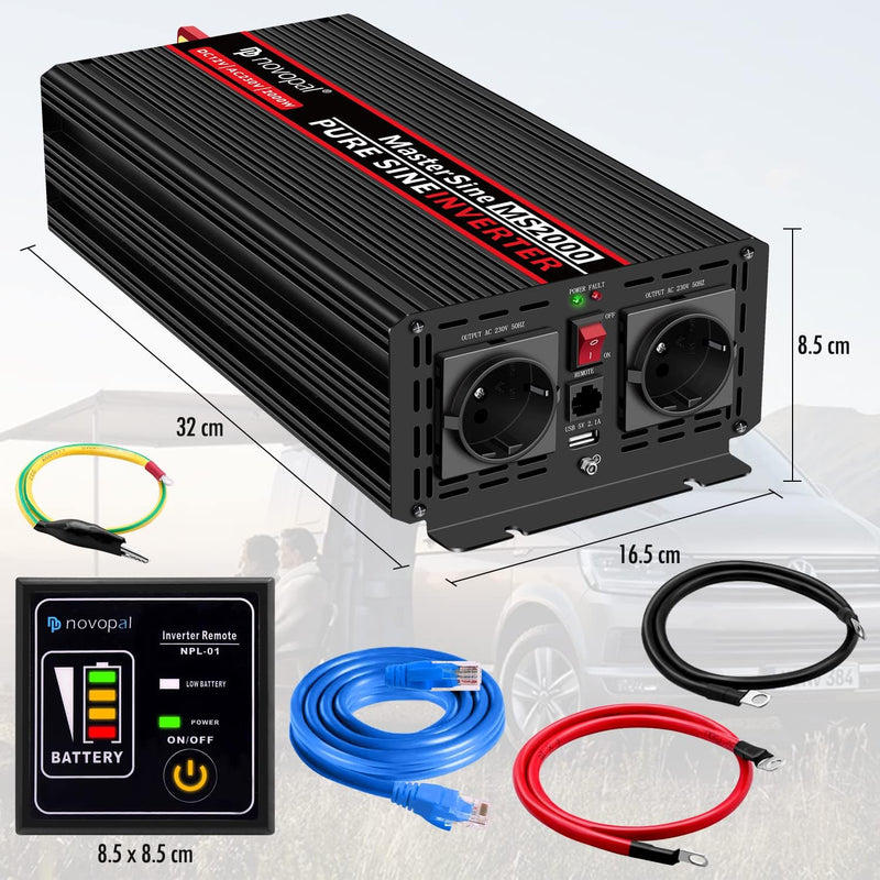 NOVOPAL 2000W Kfz Wechselrichter Spannungswandler -24v 230v Reiner Sinus mit 2 EU Steckdose und USB-