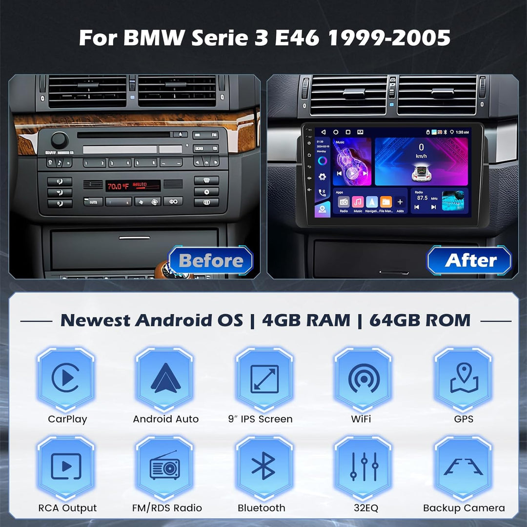 Hikity 4G+64G Autoradio Android 15 für BMW Serie 3 E46 1999-2005 mit 9-Zoll-Touchscreen, Stereo 2 DI