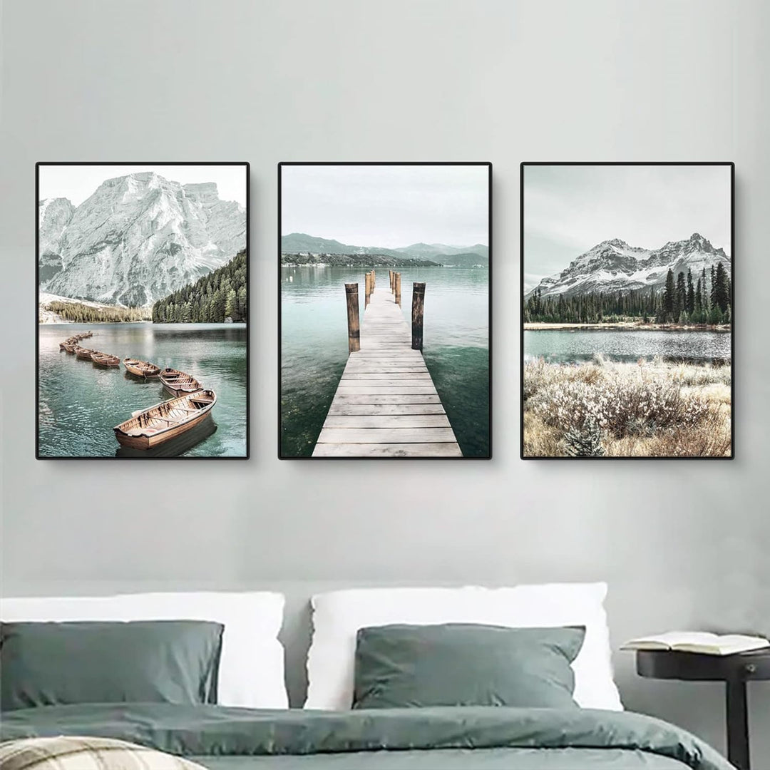 3er Poster Set, Moderne Bergen Seen und Blumen Bilder Set, Natürliche Landschaftsbilder Wandbilder f
