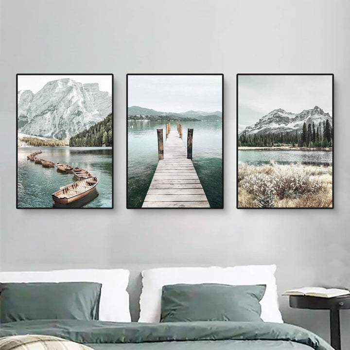 3er Poster Set, Moderne Bergen Seen und Blumen Bilder Set, Natürliche Landschaftsbilder Wandbilder f