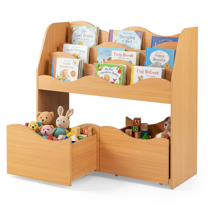 COSTWAY Kinderregal mit 2 Boxen auf Rollen (Natur) | Bücherregal Kinder mit 3 wellenförmigen Ebenen,