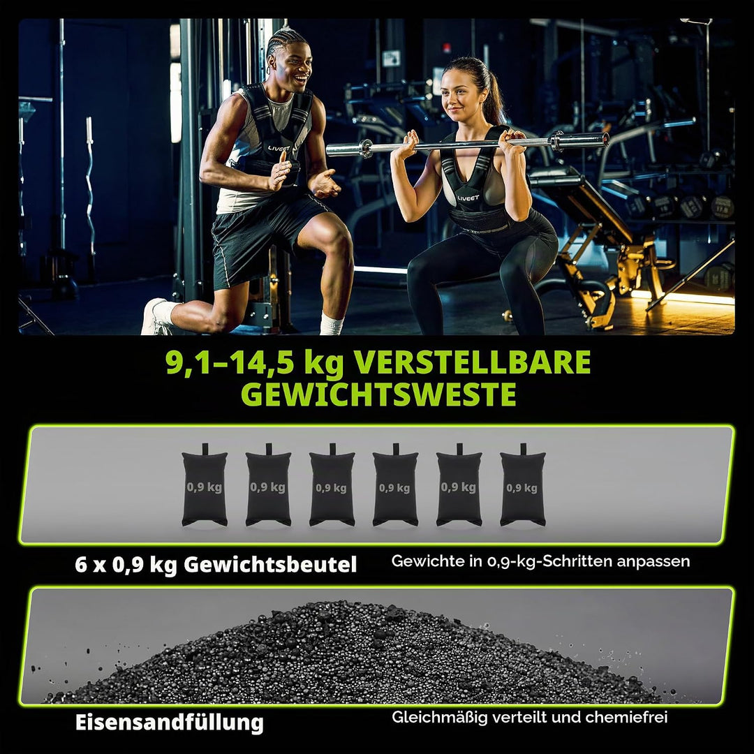 Verstellbare Gewichtsweste für Damen und Herren, 1,8-14,5 kg Gewichtsweste mit 6 Eisensandbeuteln, L