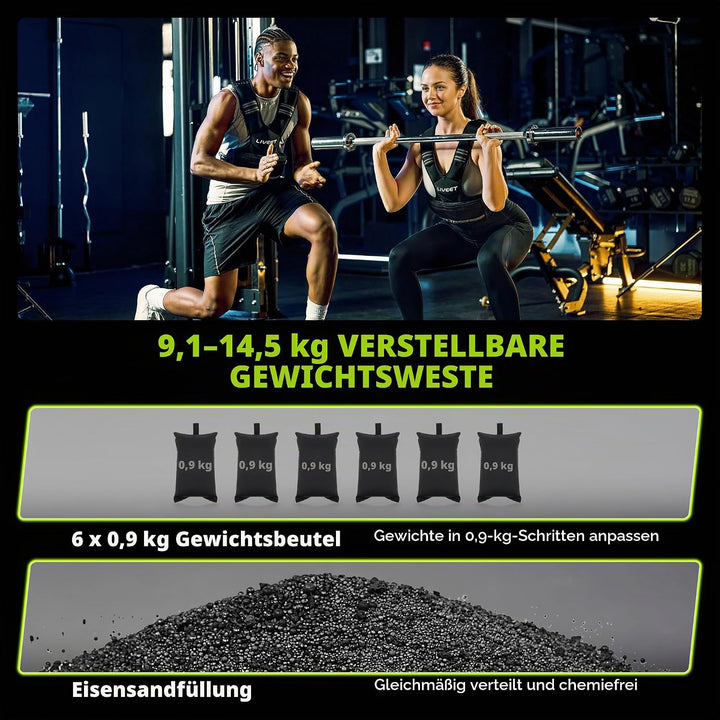 Verstellbare Gewichtsweste für Damen und Herren, 1,8-14,5 kg Gewichtsweste mit 6 Eisensandbeuteln, L