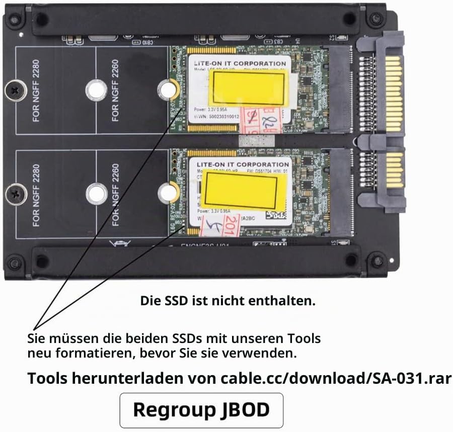 Xiwai Dual NGFF B+M Key M.2 SSD-Karte JOBD Raid0 Span Bridge zu 2,5-Zoll-SATA-Combo-HDD-Festplatteng