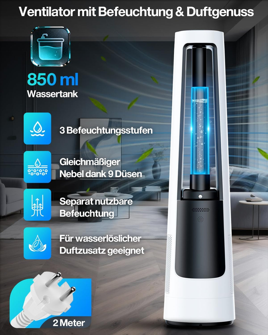 4-in-1 Leiser Turmventilator mit Luftbefeuchter, Luftreiniger &amp; Beduften, Standventilator mit Befeuc