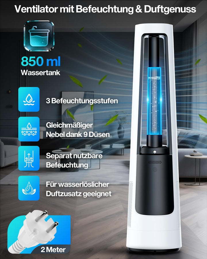 4-in-1 Leiser Turmventilator mit Luftbefeuchter, Luftreiniger &amp; Beduften, Standventilator mit Befeuc