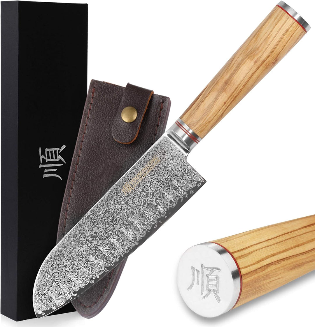 YOUSUNLONG Damastmesser Santokumesser, Klinge 17,00 cm Länge mit schwarzem Hammerschlag - sehr hochw